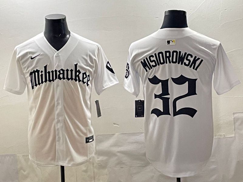 Men 2025 Milwaukee Brewers #32 Misiorowski White Five generations Joint Name Nike MLB Jersey style 01